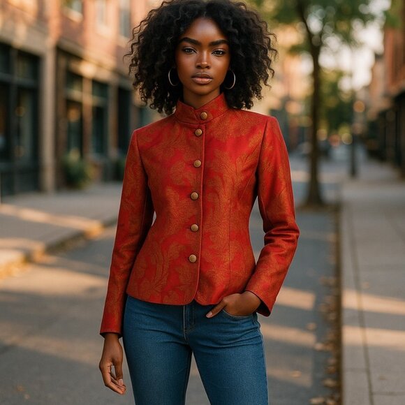 OPENING CEREMONY AREA Red Brocade Jacket 10 M Jacquard Asian Quiet Luxury
